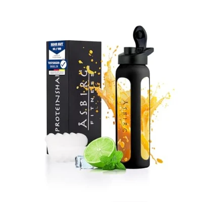 Abbildung von Asbirg Fitness Protein Shaker aus Glas Eiweiss Trinkflasche mit Spiralball Aqua