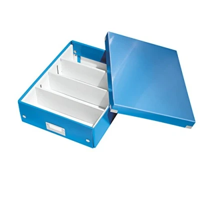Abbildung von Leitz Click &amp; Store Aufbewahrungsbox mit Deckel Mittel Groß, Box Trennwänden für Zubehör im Büro oder Utensilien Haushalt, Transportbox aus 85 % recycelter Premium Hartpappe, Blau, 60580036