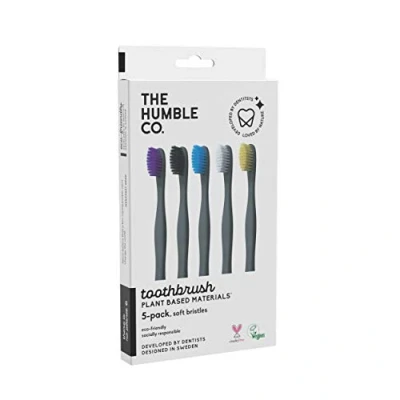 Abbildung von The Humble Co. Zahnbürste auf Pflanzenbasis, 5 Stück, empfindliche Borsten, umweltfreundlich, vegan für die tägliche Mundpflege, von Zahnärzten Empfohlen, Farben