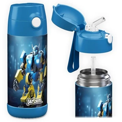 Abbildung von JARLSON® Trinkflasche Kinder Edelstahl &quot;CHARLI&quot; mit Strohhalm Thermosflasche 350ml TÜV geprüft BPA frei auslaufsicher Thermo Wasserflasche für Schule, Kindergarten Roboter, 350 ml