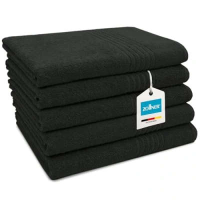 Abbildung von ZOLLNER 5er Set Duschtücher in 70x140 cm saugstarke Handtücher schwarz mit praktischem Aufhänger edler Streifenbordüre waschbar bis 60C Baumwolle Hotelqualität