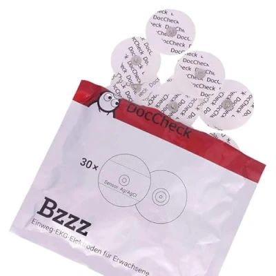 Abbildung von DocCheck Einweg Elektroden &quot;Bzzz&quot; 30 Stück, Druckknopfanschluss, Ø 50 mm, Schaumstoff, Für EKG und Ergometrie, Gute Kontakteigenschaften, Anhaltende Leitfähigkeit, Hoher Tragekomfort, Hautfreundlich