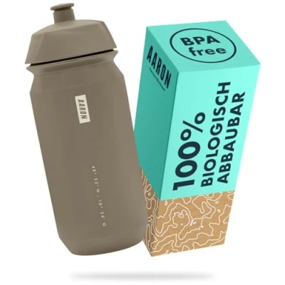 Abbildung von AARON ECO Trinkflasche 100% Biologisch abbaubar, 500 ml, leicht und auslaufsicher, praktische BPA freie Wasserflasche für Sport, Fitness, Wandern, Outdoor in Beige