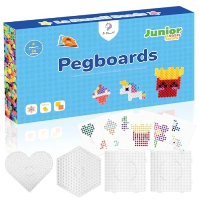 Abbildung von La Manuli Große Bügelperlen Platten 10mm 4 Stück XL Steckplatten und 10 Bunte Vorlagen für Kinder ab 3 Jahren, Set mit 2 sicheren, transparenten Bügelfolien Steckperlen