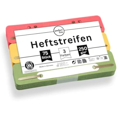 Abbildung von perfect line 75 Heftstreifen Pappe, recycling Karton, 250 g/m², 3 Farben (Rot, Grün, Gelb), Made in Germany, Blauer Engel zertifiziert
