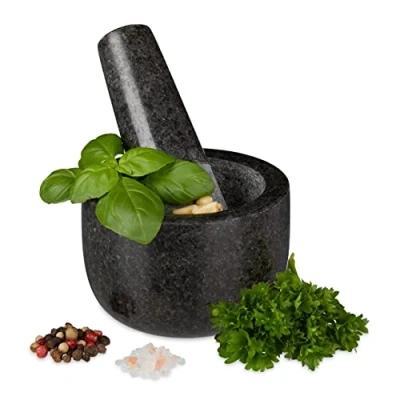 Abbildung von Relaxdays Granit Mörser mit Stößel, robust &amp; langlebig, Gewürze, Kräuter, polierter Steinmörser, Ø 8,5 cm, V 100ml, grau, Anthrazit