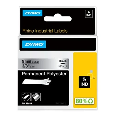 Abbildung von DYMO Rhino Industrie Permanente Polyesteretiketten 9 mm x 5,5 m Schwarz auf Metallic selbstklebendes Schriftband für und LabelManager Beschriftungsgerät