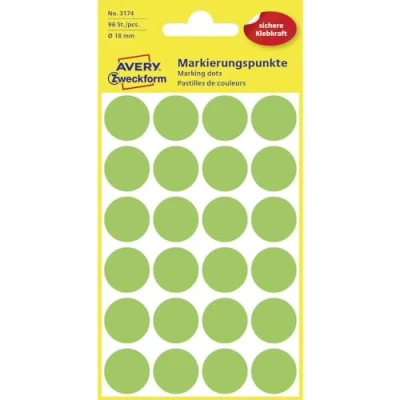 Abbildung von AVERY Zweckform 3174 selbstklebende Markierungspunkte (Ø 18 mm, 96 Klebepunkte auf 4 Bogen, runde Aufkleber für Kalender, Planer und zum Basteln, Papier, matt) leuchtgrün, 5 Stück