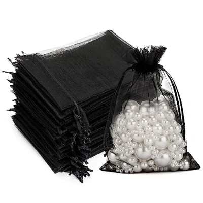 Abbildung von G2PLUS 100 Stück Schwarz Organzasäckchen, 10x15 CM Geschenk Organzabeutel, Hochzeit Organza Beutelchen mit Kordelzug Sie als Bonbonsbeutel, Schmuckbeutel, Geschenkbeutel