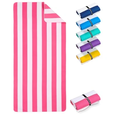 Abbildung von Fit Flip Strandtuch XXL Mikrofaser Badetuch Strandtücher leicht und schnelltrocknend 100% recyceltes Handtuch Strandhandtuch zum Baden (Pink Weiß gestreift 200x90cm)