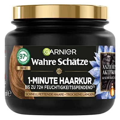 Abbildung von Garnier Wahre Schätze Ausgleichende Charcoal Haarmaske, Haarkur für Schnell Fettende Kopfhaut und Trockene Haarlängen, Aktivkohle Schwarzkümmelöl, 340 ml (1er Pack)