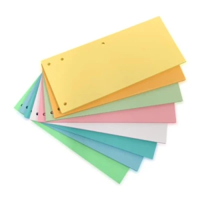 Abbildung von 200 Trennstreifen in 8 Farben, 25 Stück pro Farbe, 24 x 10,5cm, gelocht, 180g/m² Karton, mit praktischer 4 Fach Lochung zum quer oder hochkant Abheften Perfekt Sortieren von Dokumenten, bedruckbar