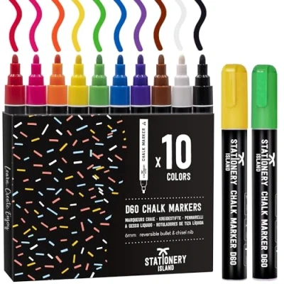 Abbildung von STATIONERY ISLAND Kreidestifte für Tafel Abwaschbar, Fenster, 10 Neon Farben Kreidemarker Glas &amp; Tafeln, Bunt Fensterstifte