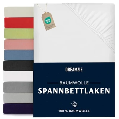Abbildung von Dreamzie Spannbettlaken 200x200cm Baumwolle Oeko Tex Zertifiziert Weiß 100% Jersey Spannbetttuch 200x200