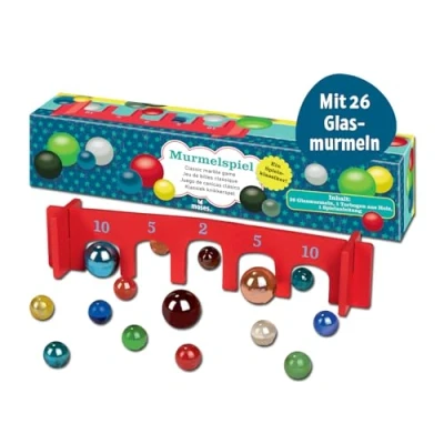 Abbildung von Klassisches Murmelspiel Spieleklassiker für Kinder, 26 Murmeln aus Glas und Holzbogen im Set, Indoor &amp; Outdoor Spiel, Mitbringsel zum Kindergeburtstag, Ostern, Adventskalender, Glasmurmeln