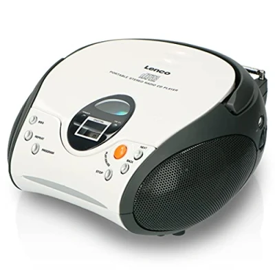 Abbildung von Lenco mit Auxiliary, SCD 24 SCD24 CD Player für Kinder Radio Stereoanlage Boombox UKW Radiotuner Titel Speicher 2 x 1,5 W RMS Leistung Netz und Batteriebetrieb Weiß