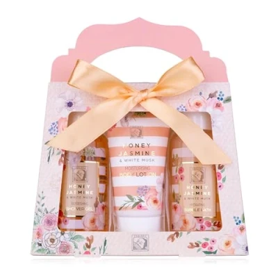 Abbildung von Accentra Duschset Frauen Geschenkset HONEY JASMINE in schöner Geschenkbox 3 teiliges Pflegeset mit Duschgel, Bodylotion und Schaumbad Wellness Geschenk Set zum Valentinstag &amp; Muttertag