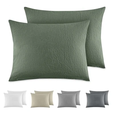 Abbildung von Dreamzie Kissenbezug 40x60 cm 2er Set 100% Gewaschene Baumwolle, Grün, Kissenbezüge Oeko TEX Zertifiziert, Leinenoptik und Atmungsaktiv Kissenhülle, Kopfkissenbezug mit Reißverschluss