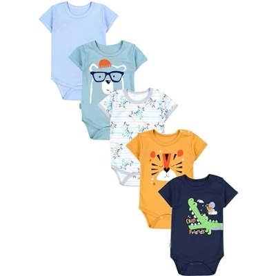 Abbildung von TupTam Jungen Baby Body Kurzarm in Unifarben 5er Pack, Farbe: Krokodil Dunkelblau Tiger Senfgelb Zebra Blau, Größe: 104