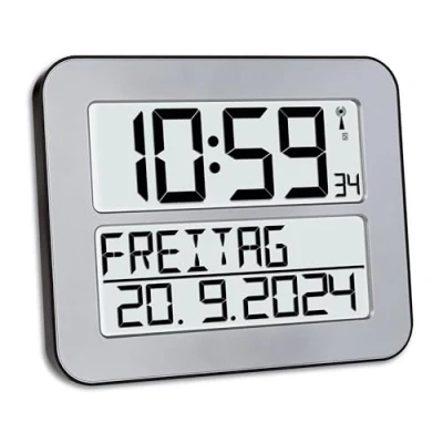 Abbildung von TFA Dostmann Timeline Max Funk Wanduhr, 60.4512.54, digital, übersichtliche Funkuhr, Seniorenuhr, Demenzuhr, mit ausgeschriebenem Wochentag &amp; Datum, Weckfunktion, 25,8 x 3 21,2 cm, Silber