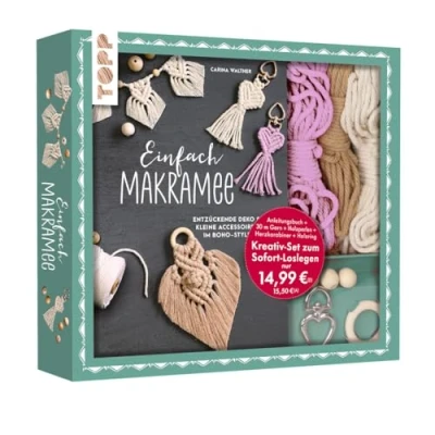 Abbildung von Kreativ Set Einfach Makramee. Mit Anleitungsbuch und Material: Box (24 x 21,5 3,5 cm), Buch (32 S., DIN A5, Softcover), 30 m Garn in 3 Farben, Holzperlen, Holzring, Herzkarabinier