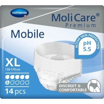 Abbildung von Molicare Premium Mobile Einweghose: Diskrete Anwendung bei Inkontinenz für Frauen und Männer; 6 Tropfen, Gr. XL (130 170 cm Hüftumfang), 14 Stück