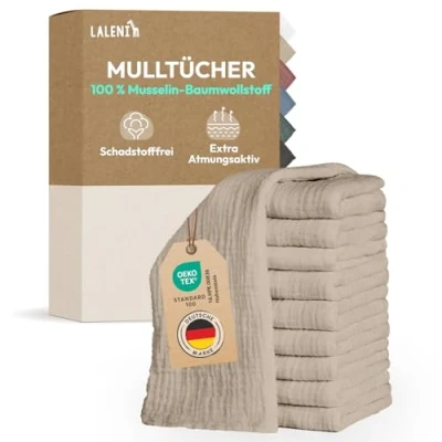 Abbildung von Laleni Spucktücher Baby im 10er Set aus Reiner Baumwolle schadstofffreie Mulltücher 70x70 saugstarke Mussellintücher Musselin Tuch als Mullwindel waschbare Beige