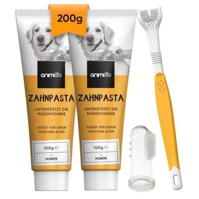 Abbildung von animigo 2X Hundezahnpasta (je 100g), 1x dreiköpfige Hundezahnbürste &amp; Fingerzahnbürste Gegen Plaque, Zahnstein und schlechten Atem Hunde Zahnpflege für Zahnreinigung mit Zahncreme Fingerling