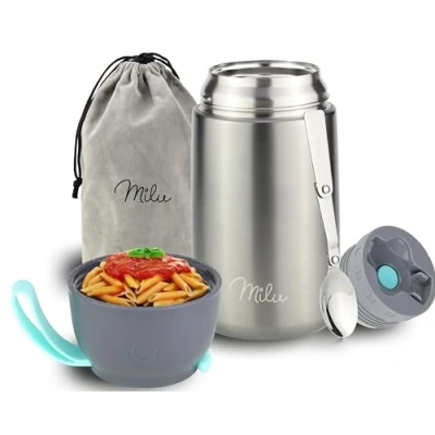 Abbildung von Milu® Thermobehälter 450, 650ml, 800ml Edelstahl Warmhaltebehälter Essensbehälter Speisegefäß Babynahrung Essen warmhalten Behälter Thermo Lunchbox Müsli to go Grau,