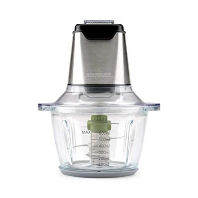 Abbildung von Gastroback 40961 Design Mini Chopper Plus, Multi Zerkleinerer, 3 Edelstahl Sichelmesser, 400 Watt, 1,2 Liter Glasbehälter, steel, edelstahldesign