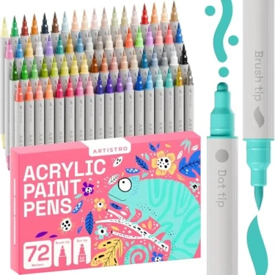 Abbildung von Artistro Acrylstifte 72 Farben, Marker Stifte mit 2 Spitze Pinsel und Punkt, Wasserfeste Stifte, Acrylic für Steine Bemalen, Stoff, Leinwand, Glas, Holz, Papier, DIY Crafts