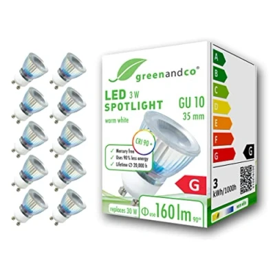 Abbildung von greenandco 10x GU10 35mm LED Spot 3W 160 lm 3000K warmweiß 50 230V CRI 90+ flimmerfrei nicht dimmbar