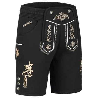 Abbildung von Steigenhöfer Manufaktur Kurze Trachten Jogginghose mit Kordelzug im Lederhosen Look Moritz Jogging Lederhose Herren Tracht für Oktoberfest Wiesn und weitere Feierlichkeiten Schwarz L