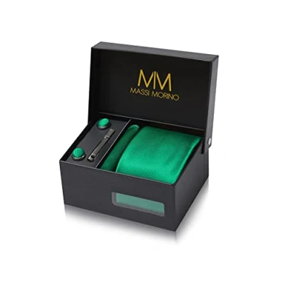Abbildung von Massi Morino Krawatte Grün mit Einstecktuch Set Herren inkl. Manschettenknöpfe, Krawattennadel und Geschenkbox Männer Krawattenset