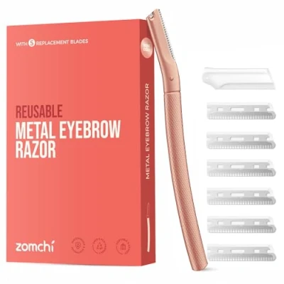 Abbildung von Augenbrauen Rasierer, Wiederverwendbare Gesichtsrasierer für Männer &amp; Frauen, Edelstahl Trimmer Shaper mit Präzisionsabdeckung, Dermaplaning Tool, 6 Klingen (Roségold)