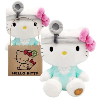 Abbildung von Hello Kitty Doctor Eco Plush 24 cm in wiederverwendbarem Kartontäschchen der Plüsch ist aus 100% PET Flaschen recyceltem Material