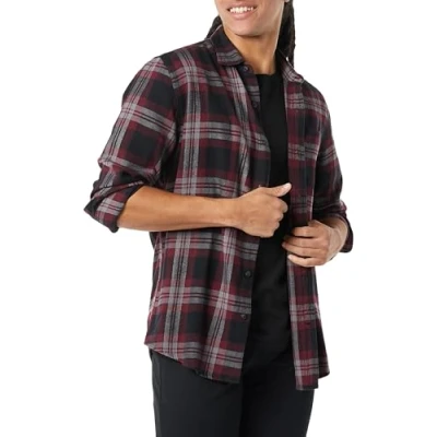 Abbildung von Amazon Essentials Herren Langarmhemd aus Flanell (in Übergröße erhältlich), Schwarz Burgunderrot Grau Karomuster, XL