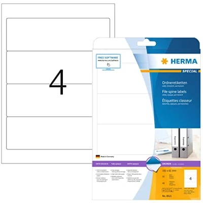Abbildung von HERMA 8621 Ordnerrücken Etiketten kurz breit, 10 Blatt, 192 x 61 mm, 4 pro A4 Bogen, 40 Stück, selbstklebend, bedruckbar, blickdicht, blanko Papier Ordneretiketten Rückenschilder Aufkleber, weiß