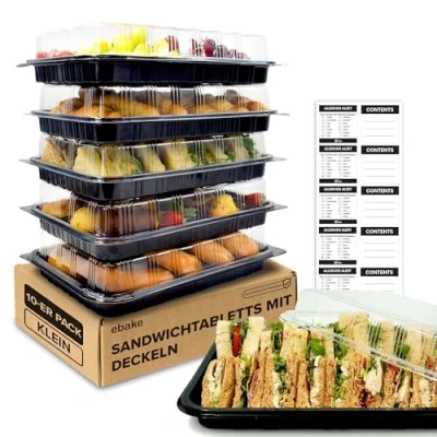 Abbildung von ebake Mehrweg Servierplatte mit Deckel (10 Stk. à 34 x 24,5 7,4 cm) Meal Prep Boxen für Partys usw. Ideal als Food Container Box, Menüteller &amp; Box Inklusive Sticker Etiketten
