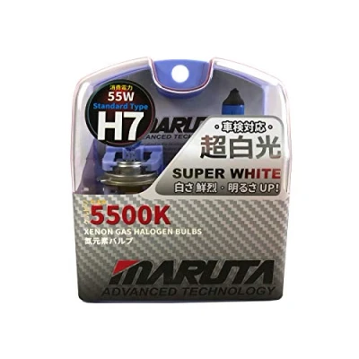 Abbildung von MARUTA SUPER WHITE H7 12V 55W Halogenlampe für Scheinwerfer, Abblendlicht, 5500K Xenon Effekt, langlebige Gas Birne mit hochwertigem Quarzglas &amp; Straßenzulassung (ECE Prüfzeichen)
