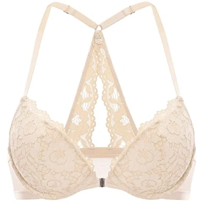 Abbildung von DOBREVA Damen Vorderverschluss BH mit Bügel Push Up Spitzen Neckholder BHS Racerback Tiefer Ausschnitt Gepolsterter Beige 75E