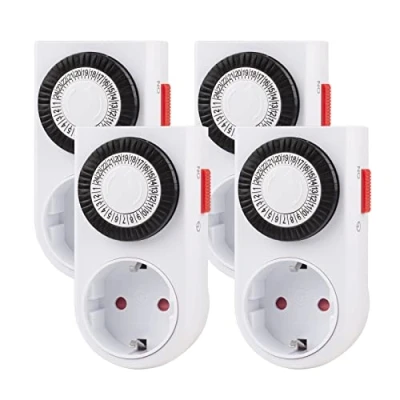 Abbildung von HBN Mechanische Zeitschaltuhr Steckdose, 16A/3680W mit Kindersicherung, 4er Set 24 Stunden Programm Analog für Innenbereich, Dauerbetrieb möglich, Timer Lichter, Lampen, 30 min Schaltintervall