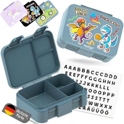 Abbildung von BEARFOOT Bento Box COMPACT BPA freie Kinder Brotdose für Schule &amp; Kindergarten Auslaufsichere Lunchbox Mädchen Jungen Praktisch, leicht kompakt (Dinos blau, 650ml)