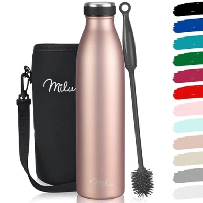 Abbildung von Milu Edelstahl Trinkflasche 350ml 500ml 750ml 1L, 1,5L Thermosflasche Isolierte Wasserflasche Auslaufsichere Isolierflasche doppelwandig Kohlensäure geeignet inkl. Reinigungsbürste (Rose Gold 750ml)