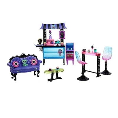 Abbildung von Monster High Café Schwarze Seele Spielset gruselige Möbel, Gebäck und Getränke, Theke, Geschenkset für 5 Puppen, über 20 Einzelteile, HMV78