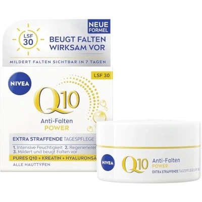 Abbildung von NIVEA Anti Falten POWER Q10 Extra straffende Tagespflege LSF 30, Gesichtspflege mildert &amp; beugt vor, Tagescreme mit purem Q10, Kreatin Hyaluronsäure (50 ml)