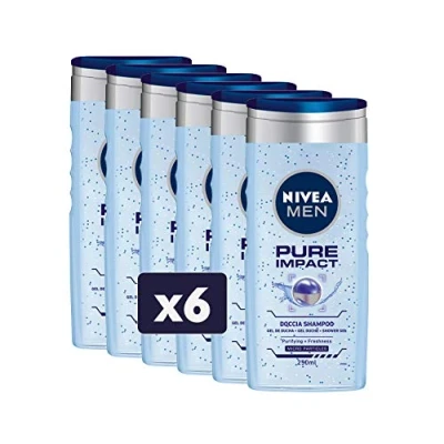Abbildung von NIVEA MEN Pure Impact Dusch Shampoo im 6er Pack (6 x 250 ml) Männer Badeschaum für Körper, Gesicht und Haare, Duschgel Herren mit Minzextrakten