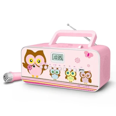 Abbildung von CD Radio für Kinder mit Mikrofon und Sing A Long Karaoke Funktion (CD / MP3, USB, AUX In, LCD Display, Teleskopantenne), Pink Eulenmotiven