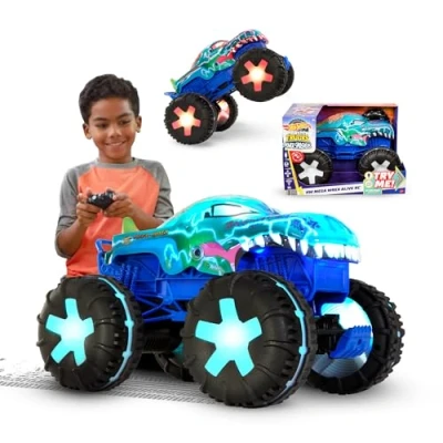 Abbildung von Hot Wheels Monster Trucks Ferngesteuertes Auto, Spielzeugtruck, übergroßer Mega Wrex Alive im Maßstab 1:15 mit Fernbedienung, 3 ferngesteuerte Spielmodi interaktiven Lichtern und Geräuschen, JBD90