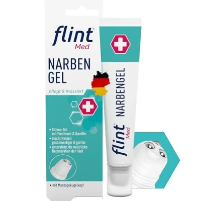 Abbildung von flint Med Narbengel Narbensalbe mit integriertem Narbenoller, macht Narben geschmeidiger und glatter, für frische alte Narben, vegan, transparent hautpflegend, 17 ml